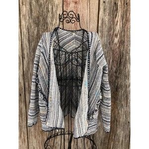 Lucky Brand Navy Blue White Mixed Print Fringe Open Cardigan Sweater S